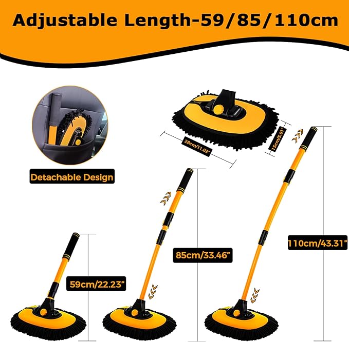 15°Curved Car Wash Brush with Long Handle 43" Extension Pole RV Truck Microfiber Cleaning Mop Auto SUV Wheel Boat Exterior Interior Detailing 2 in 1 Carwash Duster Not Hurt Paint Scratch Free