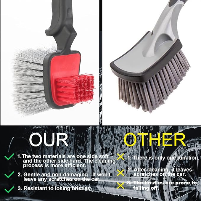Dual Head Car Clean Brush, Wheel & Tire Brush, car Wheel Brush,Short Handle Tire Cleaner for Car Detailing, Car Cleaning Brush Black/Red, 9.8 Inch x 3.1 Inch