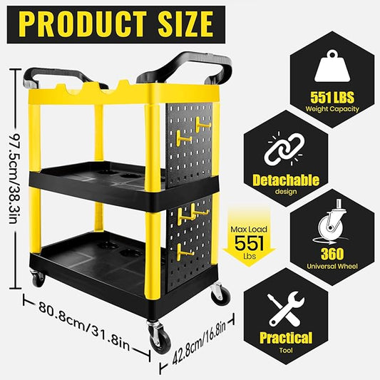 Auto Detailing Cart with Wheels, 3 Tier Car Detailing Cart with Hanging Boards & Hooks, Car Wash Organizer for Garage Workshop DIY Home