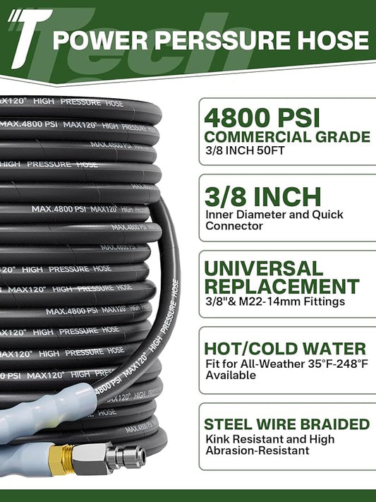 3/8" 4800PSI Pressure Washer Hose 50FT with Swivel Quick Connect for Cold/Hot Water Max 248°F, Kink Resistant Steel Wire Braided, Wear Resistant Power Washer Hose with M22 14mm Adapter