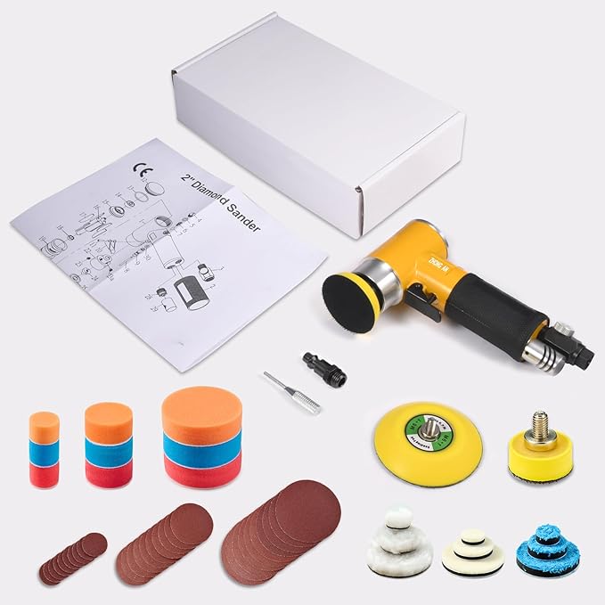 ZHONG AN 1/2/3 in Mini Orbital Sander Pneumatic da sander Polisher Smooth and Swirl Freely for Auto Body Work Wood working with 18Pcs 1/2/3in Polishing Sponge & Wool Pads, 30Pcs Sandpapers(Yellow)