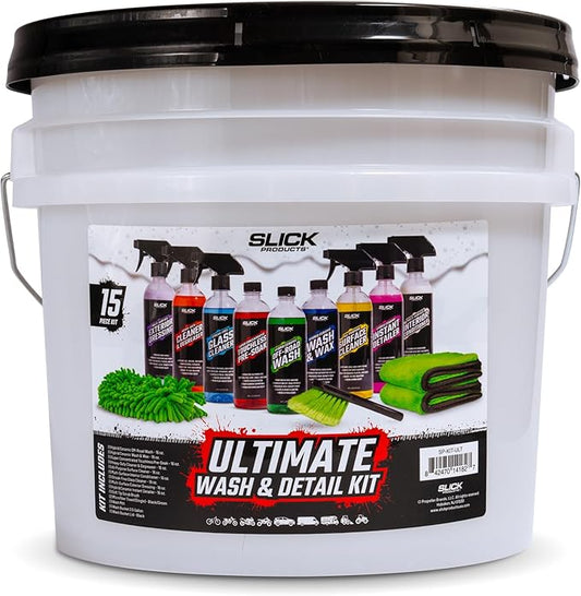 Slick Products Ultimate Wash & Detail Kit (15 Piece) for Car, Truck, Motorcycle, UTV, Dirt Bike, Side by Side, ATV, Off-Road Truck, Jeep, Boat, Jet Ski, Watercraft, Mountain Bike and More