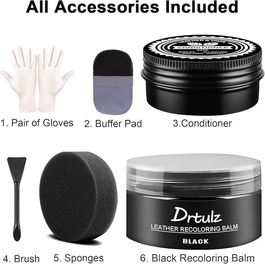 drtulz Black Leather Recoloring Balm, Leather Color Restorer Conditioner, Leather Repair Kits for Vinyl Furniture, Sofa, Car Seats, Shoes - Repair Leather Color on Faded & Scratched Leather Couches