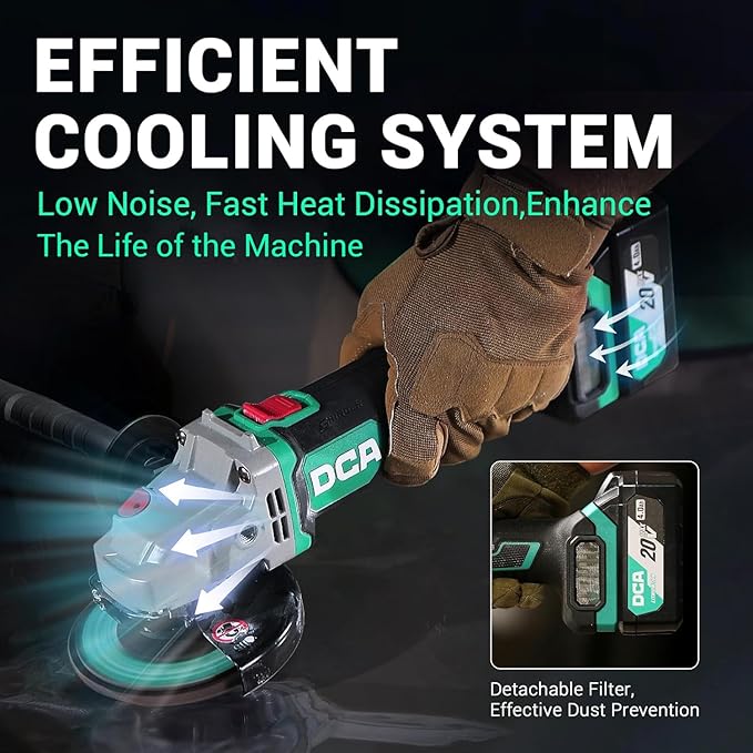 DCA Cordless Angle Grinder 4-1/2 inch, 20V Brushless Motor 8500RPM, Battery Grinder Tool-Free Guard, 4.0Ah Battery & Charger, Power Electric Cut Off Tool with 6 Discs for Cutting, Grinding, Polishing