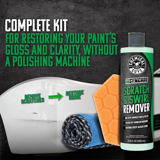 Chemical Guys Insynchro Scratch & Swirl Remover (8 oz) - Kit with Hex Logic Dual Sided Hand Polishing Pad and Monster Extreme Microfiber Towel for Paint Restoration and Gloss Enhancement