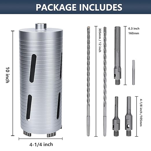 4-1/4 inch Diamond Dry Core Drill Bit, 10" Drilling Depth, 5/8"-11 Thread Core Drill Bit for Concrete Masonry Brick Block, Includes 3 Adapters SDS Plus, SDS Max and Hex (4-1/4 inch)