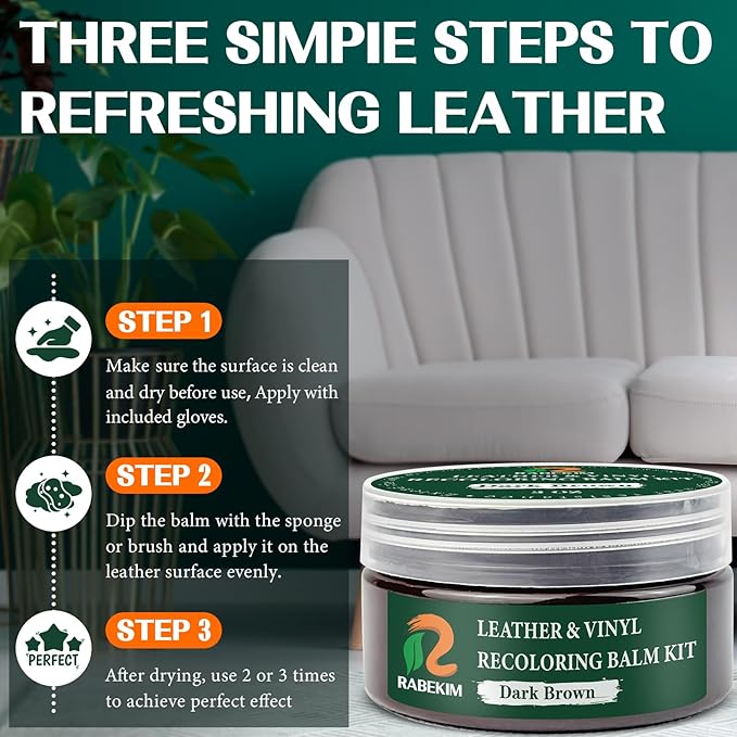 RABEKIM Dark Brown Leather Repair Kit, Leather Recoloring Balm – Restore & Repair Faded Leather on Couches, Car Seats, Shoes & Furniture | Leather Color Restorer & Conditioner | Easy DIY Application