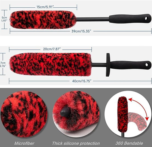 DEKADONS 4PCS Wheel Brush Kit for Cleaning Wheel and Tire, Wheel and Rim Brush, Car Detailing Brushes, 360 Degree Bendable & Durable Car Wheel Rim Cleaner Brush Set (Red)