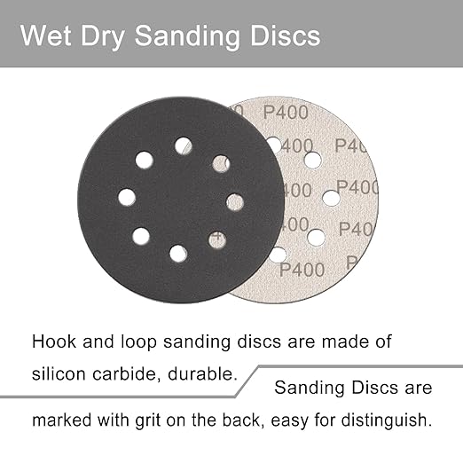 100 Pcs 5 Inch Sanding Discs Hook & Loop 8 Holes Wet Dry 400 Grit Sandpaper Silicon Carbide Sand Paper for Orbital Sander Automotive Wood Plastic Metal Polishing (100Pcs 400 Grit)