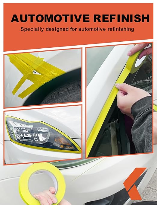 KREFINISH Painters Tape for Cars Vehicles Paint Tape Auto Body Yellow Masking Tape Heat Resistant Automotive Removable No Residue Painting Tape Bulk Set for Paint Booth, 0.7in-60 yards/6rolls