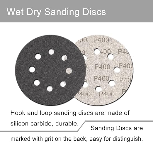 100 Pcs 5 Inch Sanding Discs Hook & Loop 8 Holes Wet Dry Sandpaper 180 240 320 400 600 800 1000 1500 2000 3000 Assortment Grits Silicon Carbide Orbital Sander Sand Paper for Wood Automotive Metal