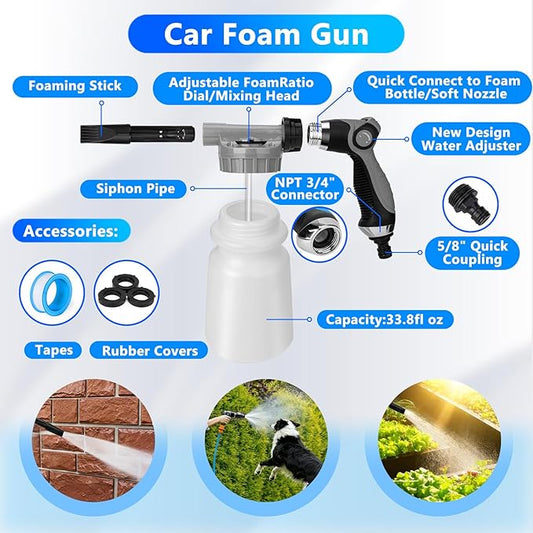ThinkLearn Car Wash Detailing Kit with Foam Gun, Car Cleaning Kit Set,Car Wash Brush with Long Handle, Large Folding Bucket for Interior Exterior Car Wash Supplies, Car Gift Set Gray