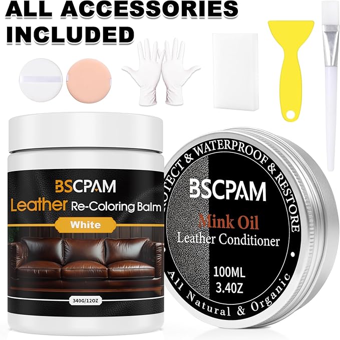 BSCPAM 12oz Leather Recoloring Balm & 3.4oz Mink Oil Leather Conditioner kit,White Leather Color Repair Kits for Couches, Leather Couch Paint Scratch Repair for Furniture Car Sofa Shoes Leather Dye