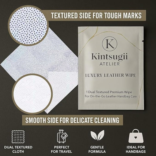 Luxury Leather Handbag Wipes – Individually Wrapped, Dual-Textured Cleaning for Purses, Shoes & Leather Goods – Safe, Non-Rinse, On-the-Go Care, 20 Count by Kintsugii Atelier