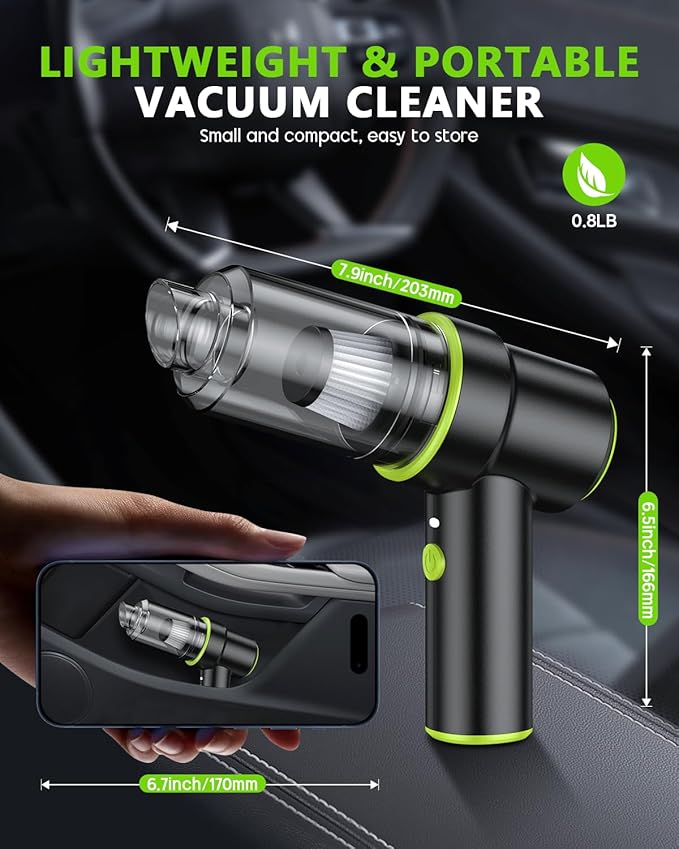 CODN Handheld Car Vacuum Portable Cordless, 2 in 1 Handheld Vacuum Cleaner 12000PA Air Duster with Multi-Nozzles and LED Light, Mini Hand Held Vacuum Rechargeable for Home, Car, Office, Pet Hair