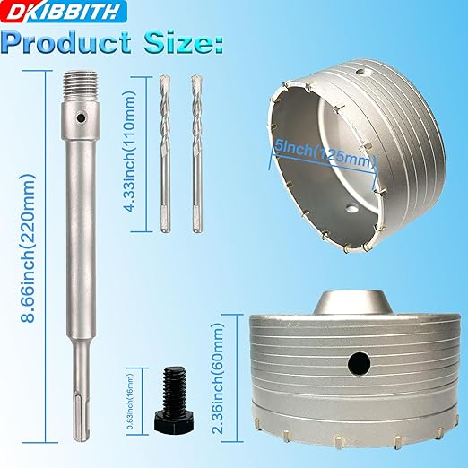 5" Concrete Hole Saw, 125mm Tungsten Steel Core Bit for Cinder Block, Brick, Rock, Plank Walls for Pipes or mini Split Lines, with SDS Plus Shank and 2 Center Positioning Drill Bits.