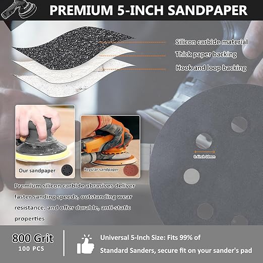 100PCS 5 Inch Hook and Loop Sanding Discs 800 Grit, 8 Hole Wet Dry Orbital Sander Sand Paper, Silicon Carbide Sandpaper for Automotive Wood Metal Glass