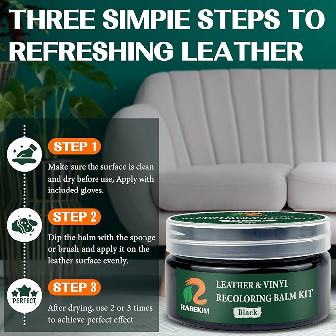 RABEKIM Black Leather Repair Kit, Leather Recoloring Balm – Restore & Repair Faded Leather on Couches, Car Seats, Shoes & Furniture | Leather Color Restorer & Conditioner | Easy DIY Application