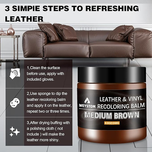 WEYSTOM Leather Recoloring Balm - Medium Brown Leather Repair Kit for Furniture, Dye, Recolor, Renew, Repair & Restore Aged, Faded, Cracked, Peeling and Scuffed