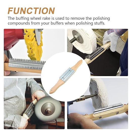 TIANMEIYI Buffing Wheel Rake - Polishing Compound Rake with Wooden Handle, Buffing Wheel Cleaner for Removing Compound, Silver 1 Pack