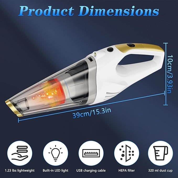 XGJUCE Handheld Vacuum Cordless,Car Vacuum Portable Cordless Rechargeable with led Light, 6kpa Strong Suction with Three Types of Suction Heads and Filters for car/Home/Office Cleaning