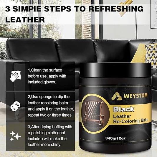 WEYSTOM Leather Recoloring Balm, 12oz Large Size Leather Dye, Color Restorer, Scratch Repair, Furniture & Couch Restorer Kit, Repair Kit for Furniture(Black)