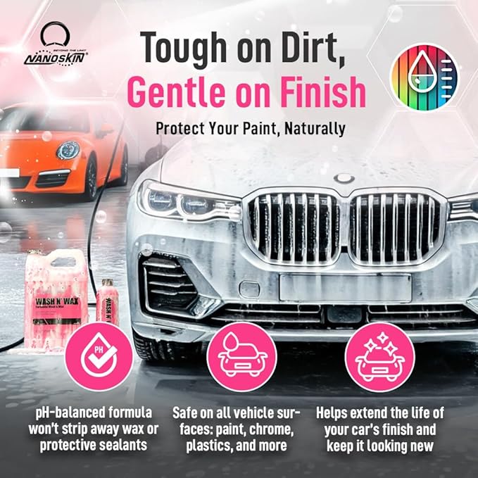 Nanoskin WASH N' WAX with Carnauba 30 gallons - Cleans & Shines in One Step | Works with Foam Cannon, Foam Gun, Bucket Washes, Pressure Washer | Carnauba Wax Protection for Cars