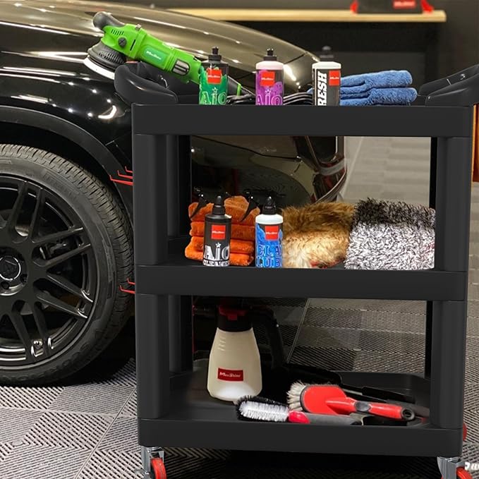 3 Tier Car Detailing Cart, Auto Detail Trolley with Wheels, Side Hanging Plate & Hooks, Detailing Tool Organizer for Mechanics & Detailers (Black)