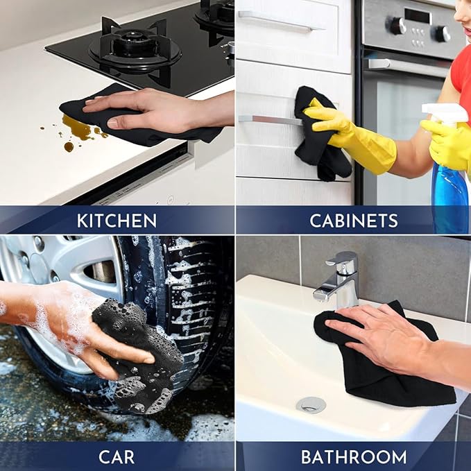 GLIMGLINT Black Microfiber Cleaning Cloth, 150 Pack Cleaning Rags, Cleaning Towels with 3 Color Assorted, 14"X12"