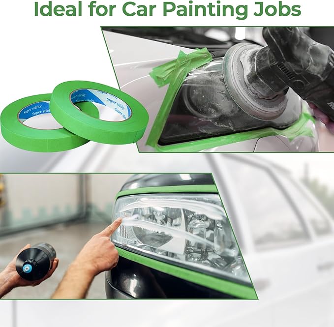 8 Rolls Automatic Refinish Masking Tape,0.7 Inch x 60 Yds Green Cars Vehicles Auto Body Masking Tape No Residue,Heat Resistant Removable Automotive Painting Tape Bulk for Paint Booth,Totally 480 Yards