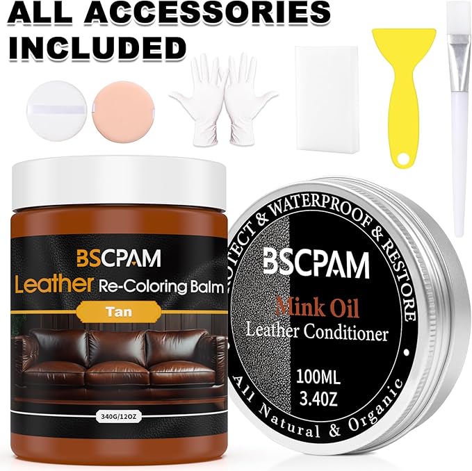 BSCPAM 12oz Leather Recoloring Balm & 3.4oz Mink Oil Leather Conditioner kit,Tan Leather Color Repair Kits for Couches, Leather Couch Paint Scratch Repair for Furniture Car Sofa Shoes Leather Dye