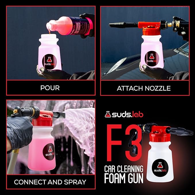 Suds Lab F3 Car Cleaning Foam Gun, Adjustable Foam Nozzle, Connect to Any Garden Hose, Clean Dirt and Dust, Home Car Washing