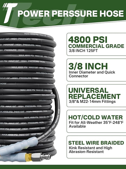 3/8" 4800PSI Pressure Washer Hose 125FT with Swivel Quick Connect for Cold/Hot Water Max 248°F, Kink Resistant Steel Wire Braided, Wear Resistant Power Washer Hose with M22 14mm Adapter