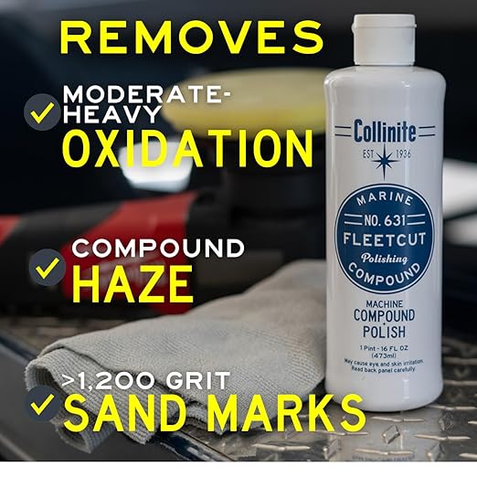 Collinite 631 Fleetcut- Marine/RV Compound + Polish. for Rotary & DA Use. Quickly Removes Heavy Oxidation/Hard Water Spots from Gelcoat/Fiberglass & Restores Color/Gloss in One Step. (16 fl oz)