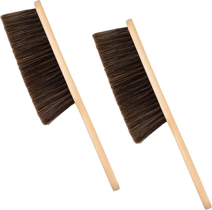 2 Pieces Woooden Dust Brush Hand Broom Bench Brush with Long Wood Handle Whisk Broom Soft Bristle Brush for Counter Bed Sofa Car Fireplace Clothes Household Cleaning (Brown,Beige)