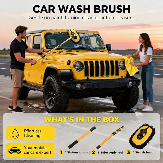 15° Curved Car Cleaning Brush with Telescopic Handle 56.7" Aluminum Alloy Long Rod Wash Mop for Cleaning RVs, Trucks, Boats