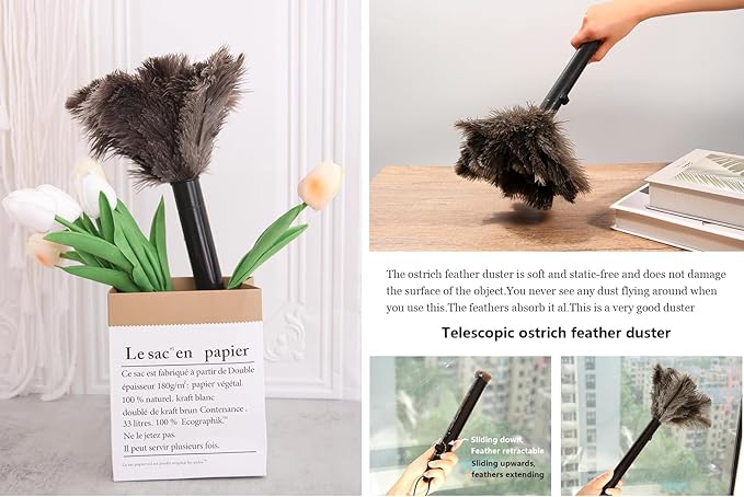 Retractable Ostrich Feather Duster for Cleaning, Fluffy and Natural Feather Duster with Retractable Handle, Reusable Eco-Friendly Handheld Cleaning Supplies (15 inch)