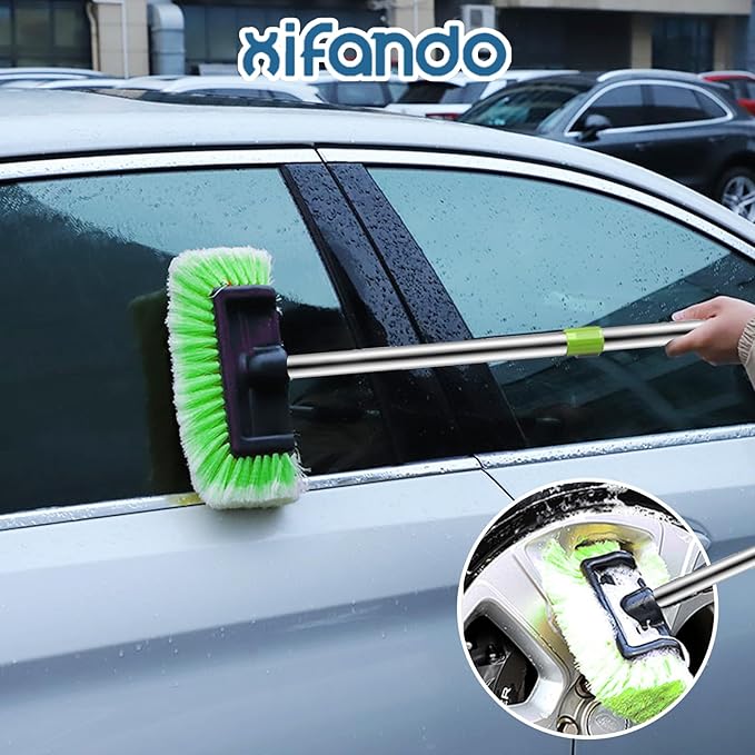 Car Wash Brush with Long Handle – Five-Sided Soft Bristle Brush for Car, Truck, SUV, RV, Boat & House Siding Cleaning(Green)