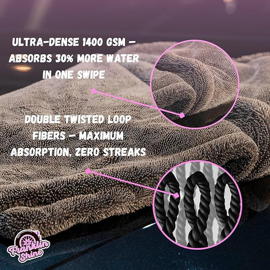 Franklin Shine Arizona XL Microfiber Car Drying Towel – 24”x36” – 1400 GSM Double Twisted Loop – Ultra Absorbent, Streak-Free, for Men Gifts for Men – Car Detailing Towel for Professionals