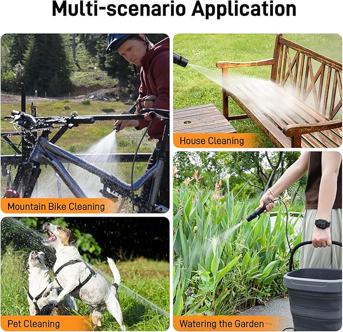 Teslong Portable Electric Pressure Washer with 12L Tank, Foldable Design, 4-in-1 Nozzle, Type-C Charging, 10L Water Storage Bag, Cordless Power Washer for Outdoor Camping, Gardening, and Pet Grooming