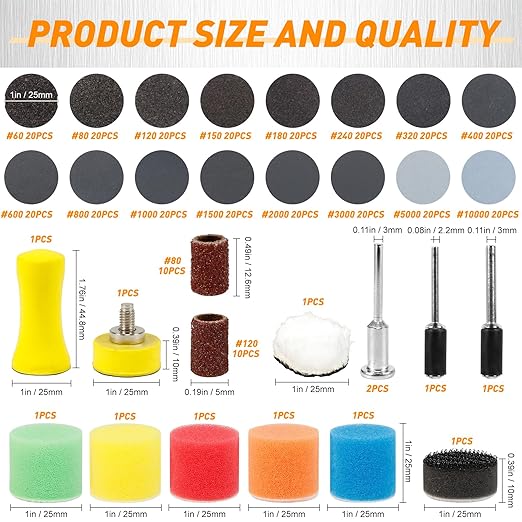 354 PCS 1 Inch Wet Dry Sanding Discs Grit 60 80 120 150 180 240 320 400 600 800 1000 1500 2000 3000 5000 10000 Hook and Loop for Electric Rotary Tool