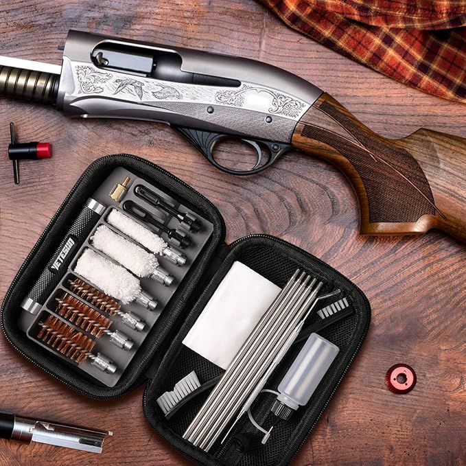 Shotgun Cleaning Kit for 12, 20, 410 Gauge - Compact Portable Case with Bronze and Spring Brushes, Brass Adaptor, Cotton Mop, Cleaning Pick, Patch Holder, Patches, Hand Brush, Empty Oil Bottle