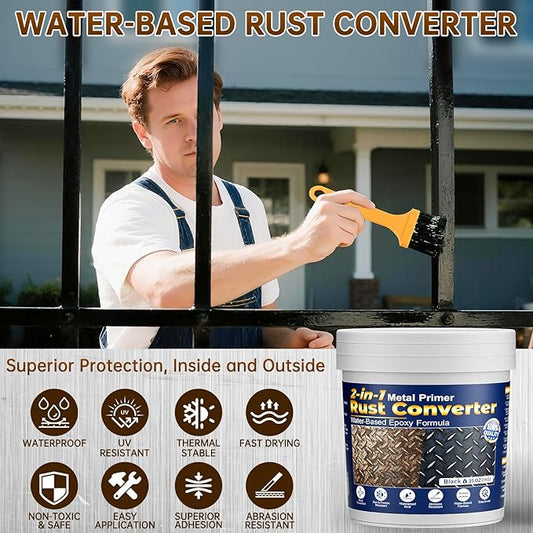 Rust Converter & Metal Primer, 2-in-1 Black Rust Remover Paint Water-Based Metal Preventive Coating Heat Resistant UV Stable for Automotive, Industrial, Indoor Outdoor Use, Trailers, Fences, 35oz