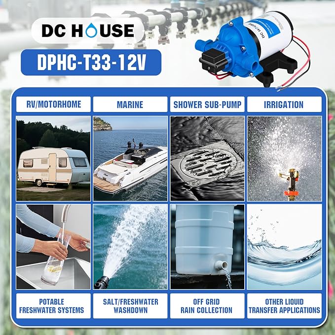 DC HOUSE 12V RV Water Diaphragm Pump Quiet Replacement, 3.5GPM 45PSI On Demand Self Priming Fresh Water Pump with Pressure Switch for Camper, Marine, Boat, Travel Trailer & Off-Grid Use