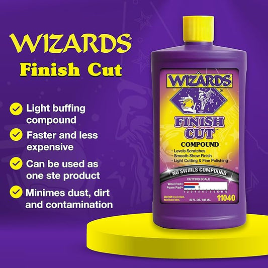 Wizards Finish Cut Compound - Levels Scratches and Brightens Dull Finishes - Easy Clean-Up for Automotive and Auto Paint Correction - Non-Greasy Water-Based Polish for a Smooth Show Finish - 32 oz