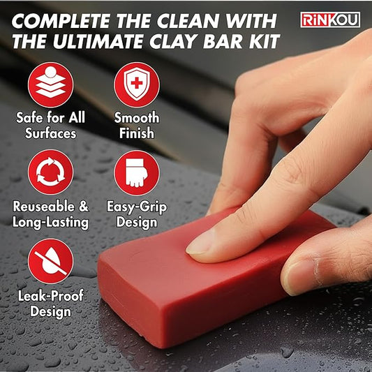 Clay Bar Kit - Includes 5 Car Clay Bars for Auto Detailing (100g + 4x50g) + 16 fl. oz Lubricant + 2 Microfiber Cloths for Scratch-Free Finishing, Essential Kit for Car Detailing