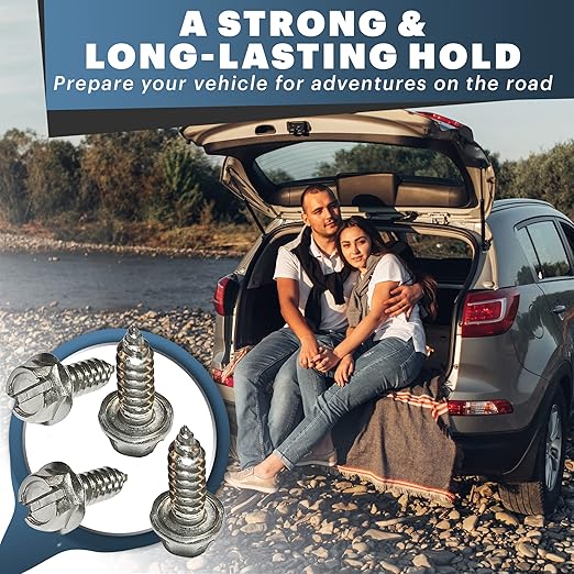 License Plate Screw Kit - Set of 4 Stainless Steel Screws for Front and Back License Plates, Frames and Covers on Domestic Cars, Trucks, SUVs - Rustproof, Self Tapping Mounting Bolts (Stainless Steel)