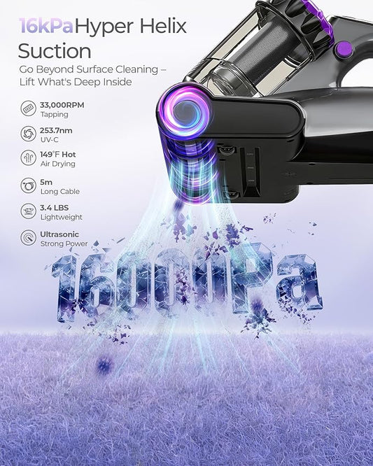 MayKing Mattress Vacuum Cleaner, 16kPa Pro Deep-Clean Bed Vacuum Cleaner with 33000 RPM/Min & 253.7nm UV-C Light, Handheld Vacuum with HEPA Filter, Ultrasonic & 149℉ Heat for Bed Sofa Crib, Model MV02