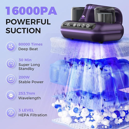 Amzany Mattress Vacuum Cleaner - 5-in-1 Cordless Bed Vacuum Cleaner, Powered by UV-C Light & Ultrasonic Technology, 16Kpa Strong Suction,Low Noise,Suitable for Dust, Pet Hair, Etc - Purple