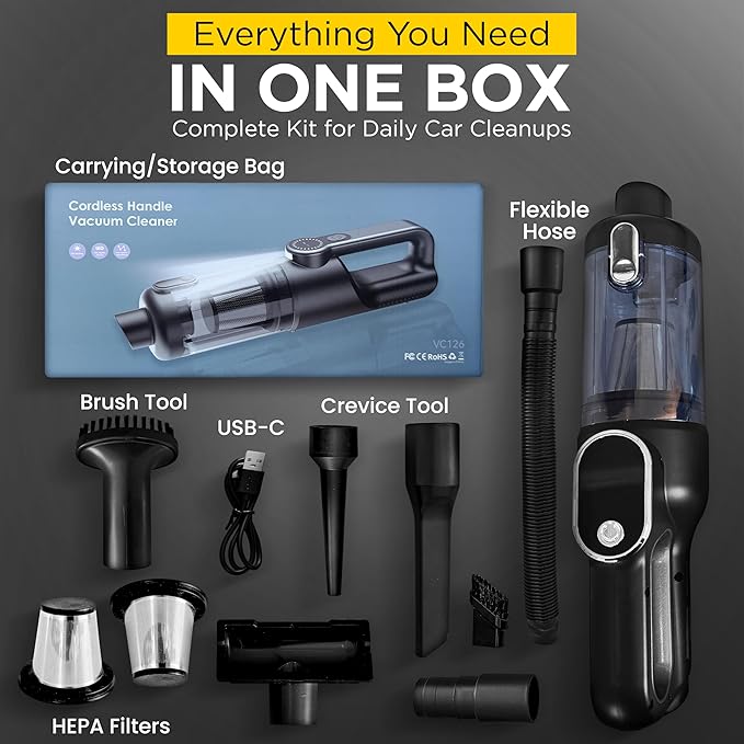 Luminoire Car Vacuum Portable Cordless, 18500Pa Cordless 2-in-1 Vacuum & Air Duster, 5000mAh Battery, 130W Brushless Motor, Handheld with LED Light, Multi Nozzles for Car, Home, Office, Pet